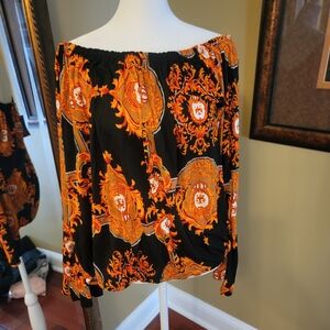 VENUS Black and Orange Patterned Blouse